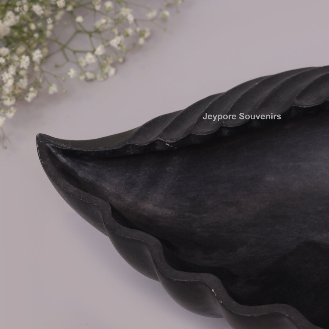 Hand-Carved Black Marble Shankh Urli Bowl with Fluted Ribbed Design