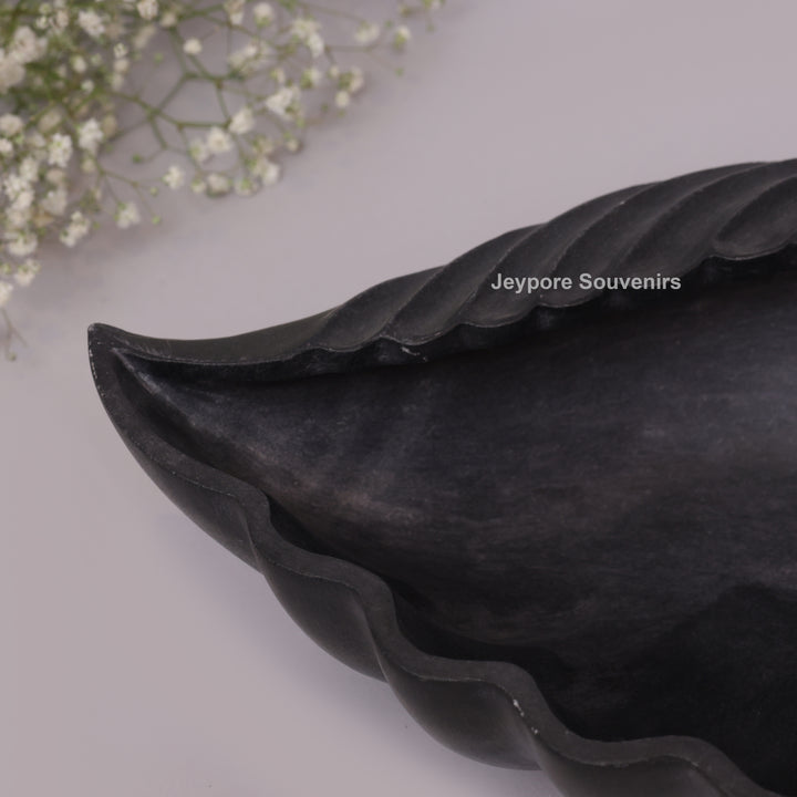 Hand-Carved Black Marble Shankh Urli Bowl with Fluted Ribbed Design