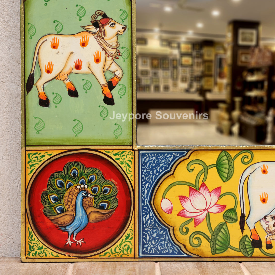 Handcrafted Radha Krishna &amp; Cow Pichwai Wooden Wall Mirror