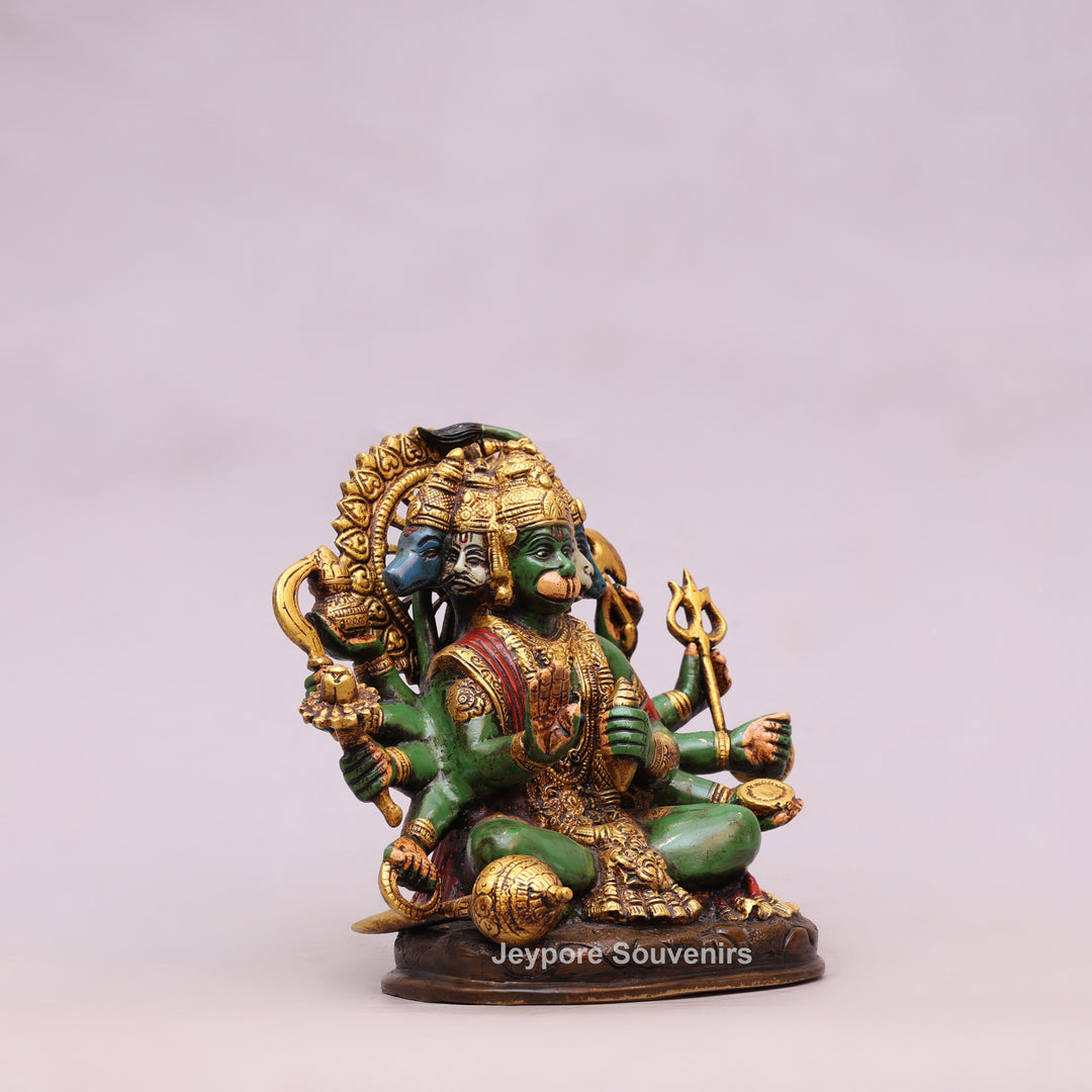 9" Handcrafted Brass Panchmukhi Hanuman Statue with Hand-Painted Finish