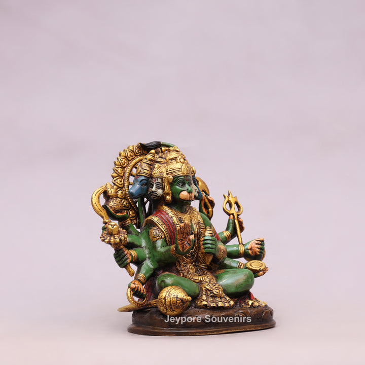 9" Handcrafted Brass Panchmukhi Hanuman Statue with Hand-Painted Finish