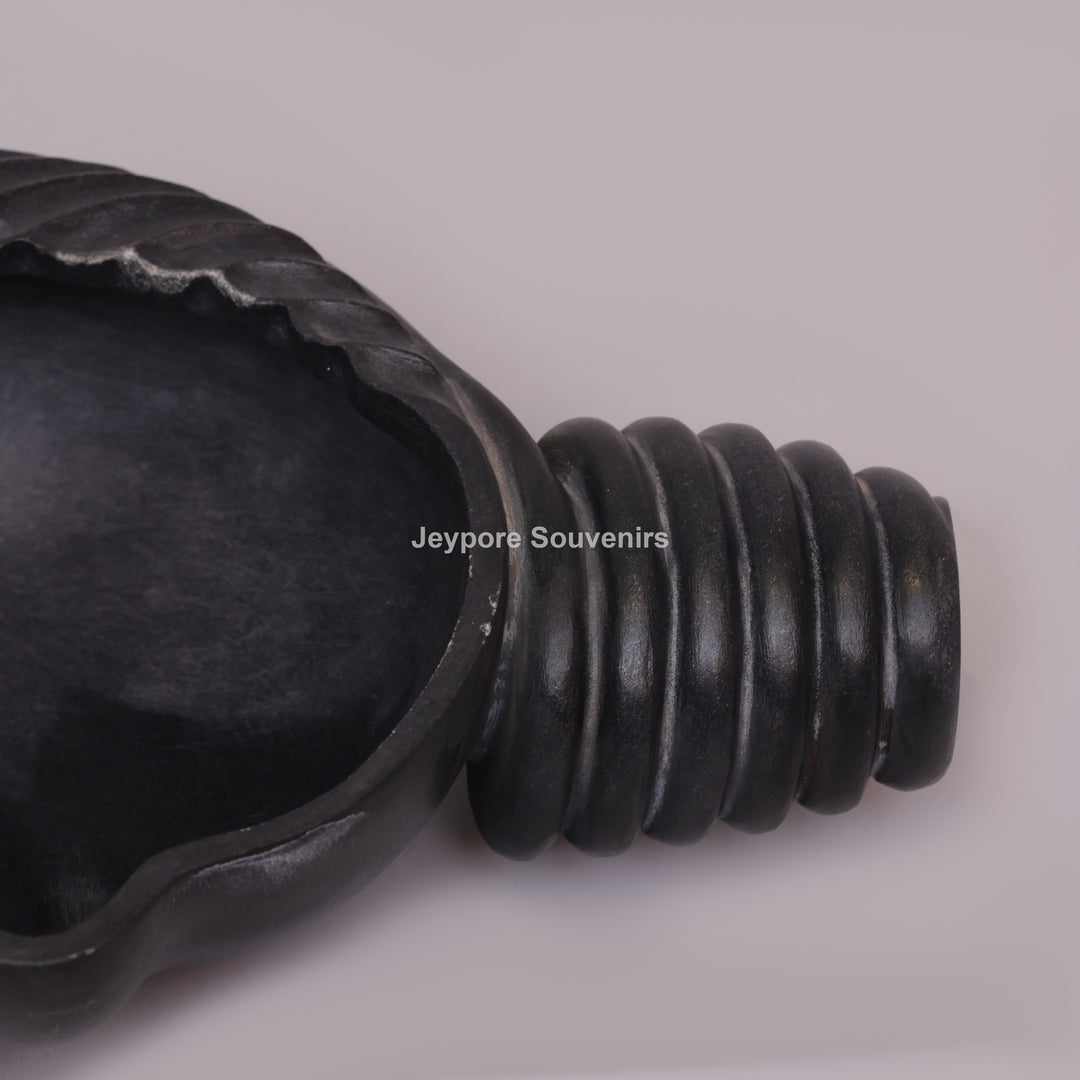 Hand-Carved Black Marble Shankh Urli Bowl with Fluted Ribbed Design
