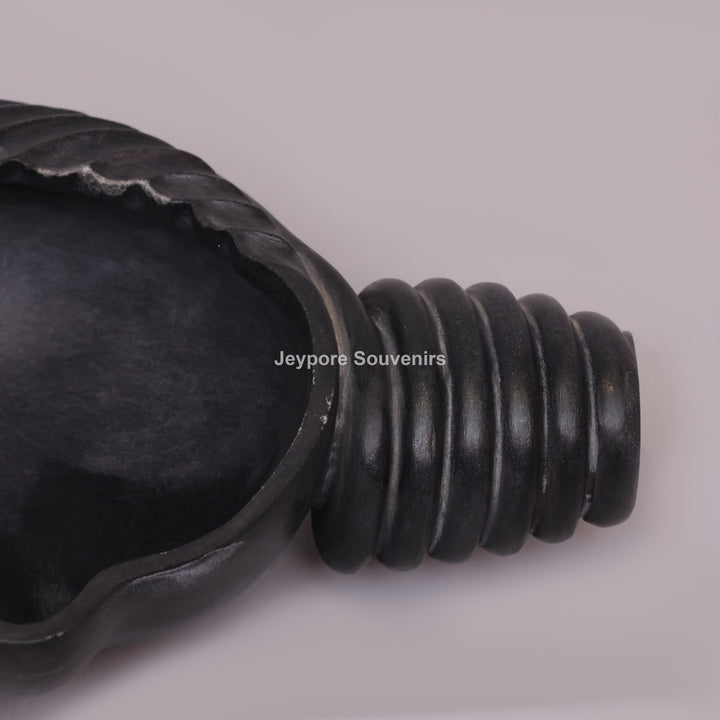 Hand-Carved Black Marble Shankh Urli Bowl with Fluted Ribbed Design