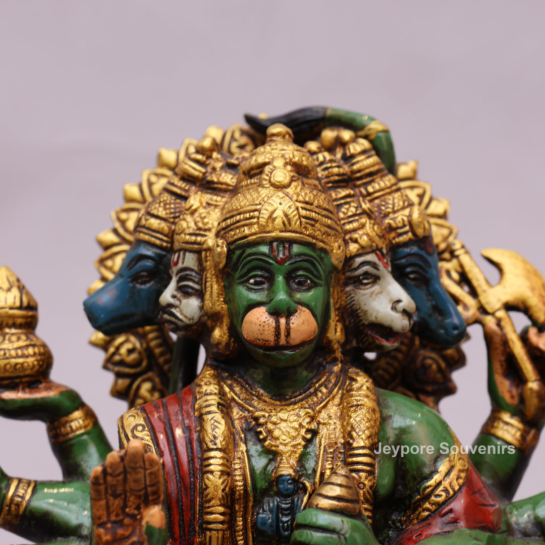 9" Handcrafted Brass Panchmukhi Hanuman Statue with Hand-Painted Finish