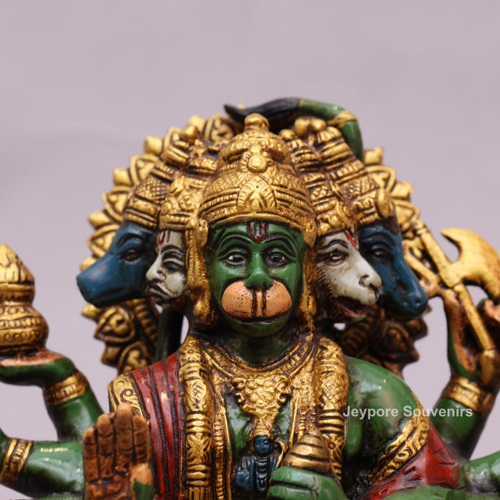9" Handcrafted Brass Panchmukhi Hanuman Statue with Hand-Painted Finish