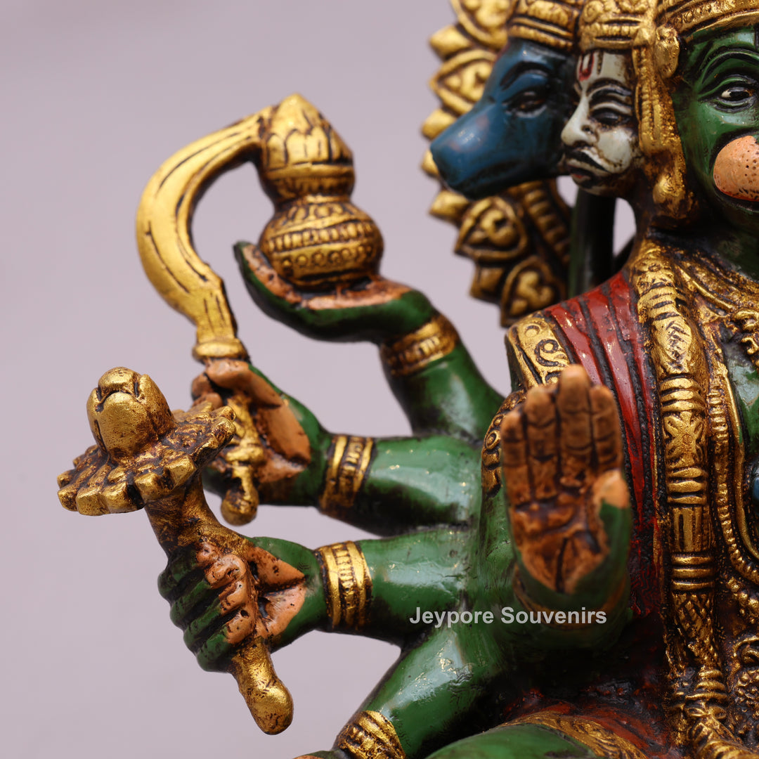 9" Handcrafted Brass Panchmukhi Hanuman Statue with Hand-Painted Finish