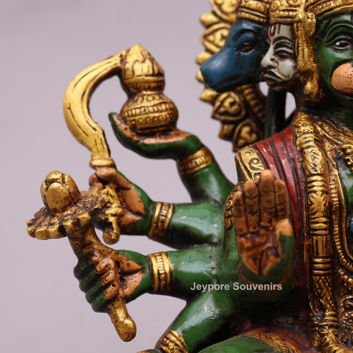 9" Handcrafted Brass Panchmukhi Hanuman Statue with Hand-Painted Finish