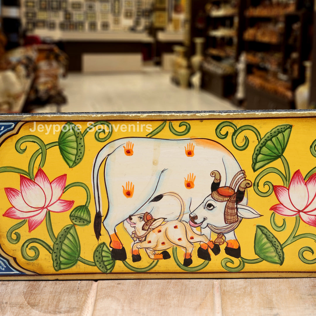 Handcrafted Radha Krishna &amp; Cow Pichwai Wooden Wall Mirror