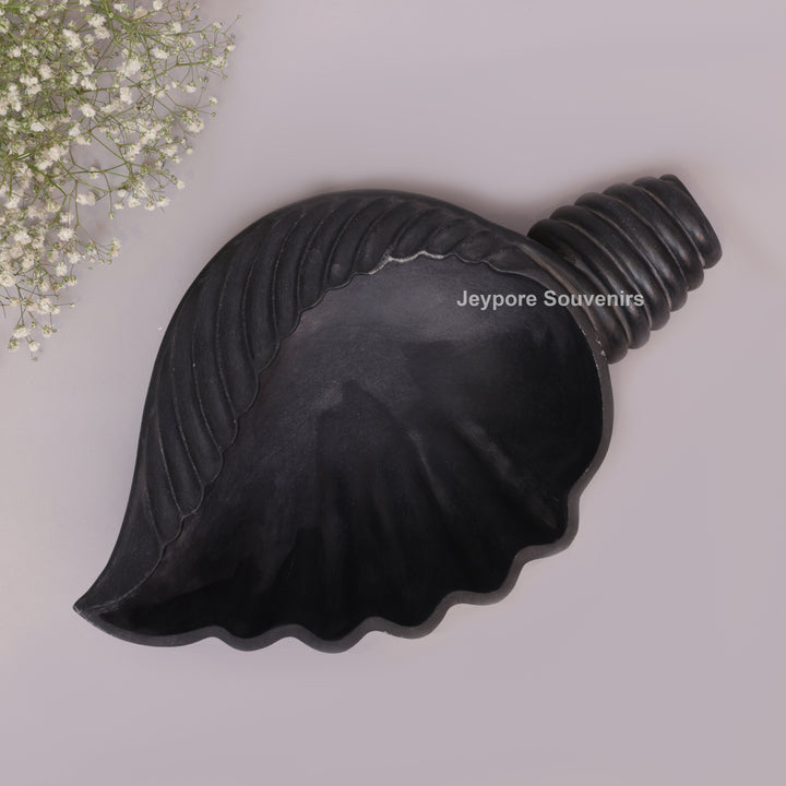 Hand-Carved Black Marble Shankh Urli Bowl with Fluted Ribbed Design