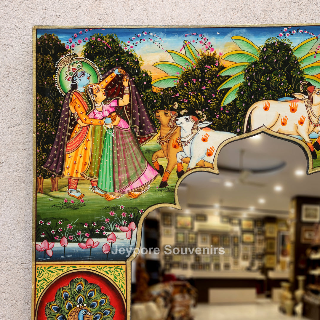 Handcrafted Radha Krishna &amp; Cow Pichwai Wooden Wall Mirror