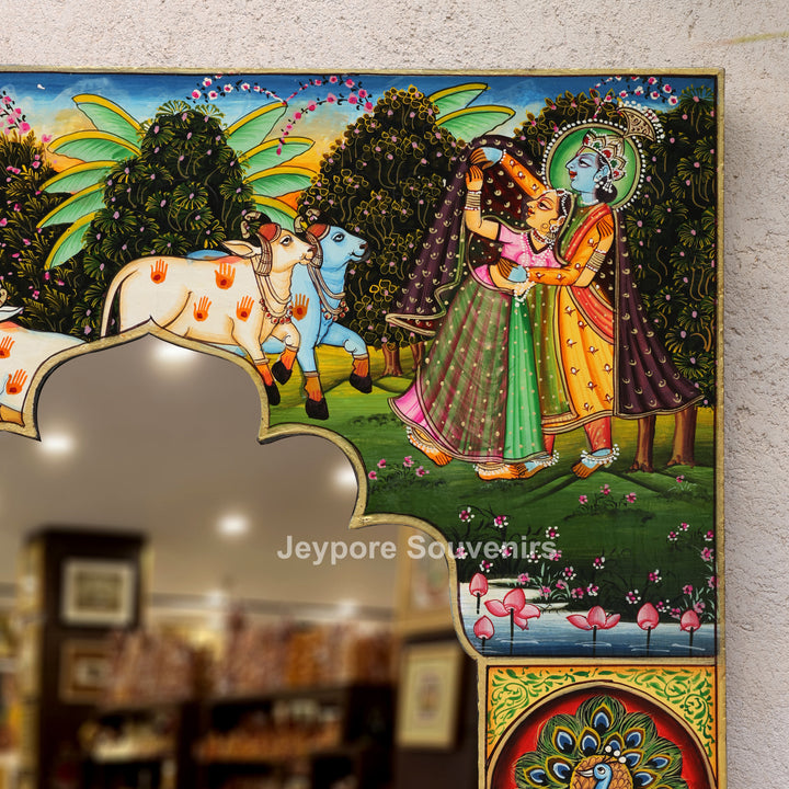 Handcrafted Radha Krishna &amp; Cow Pichwai Wooden Wall Mirror