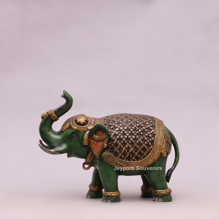 Handcrafted Brass Elephant Statue with Hand-Painted Green Finish