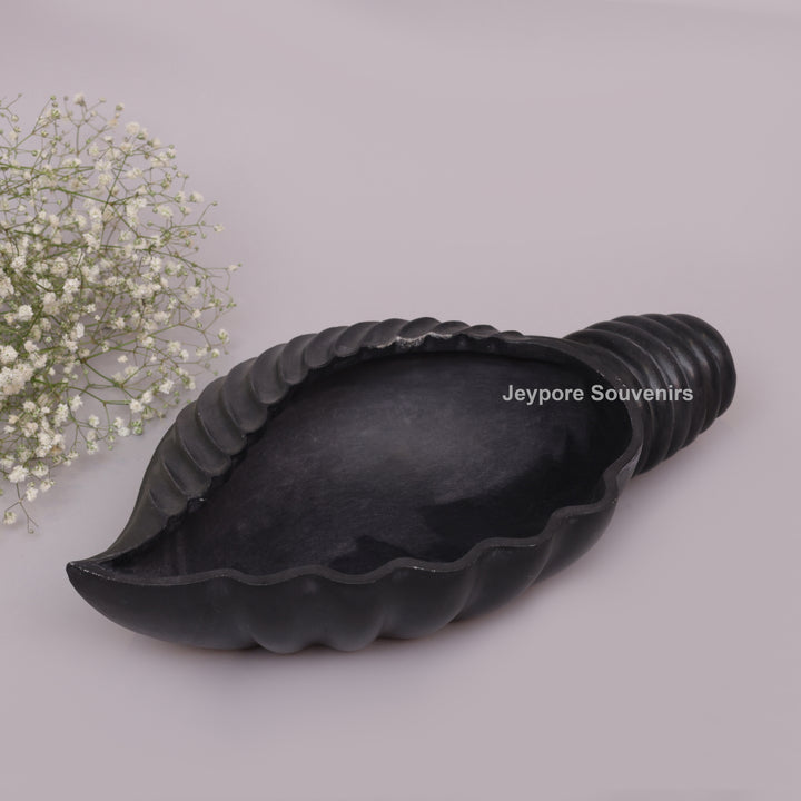 Hand-Carved Black Marble Shankh Urli Bowl with Fluted Ribbed Design