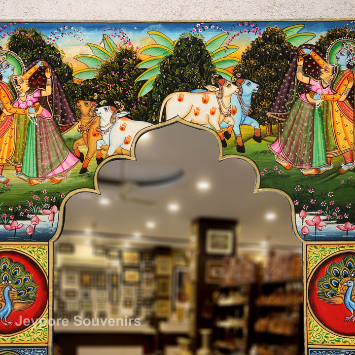 Handcrafted Radha Krishna &amp; Cow Pichwai Wooden Wall Mirror