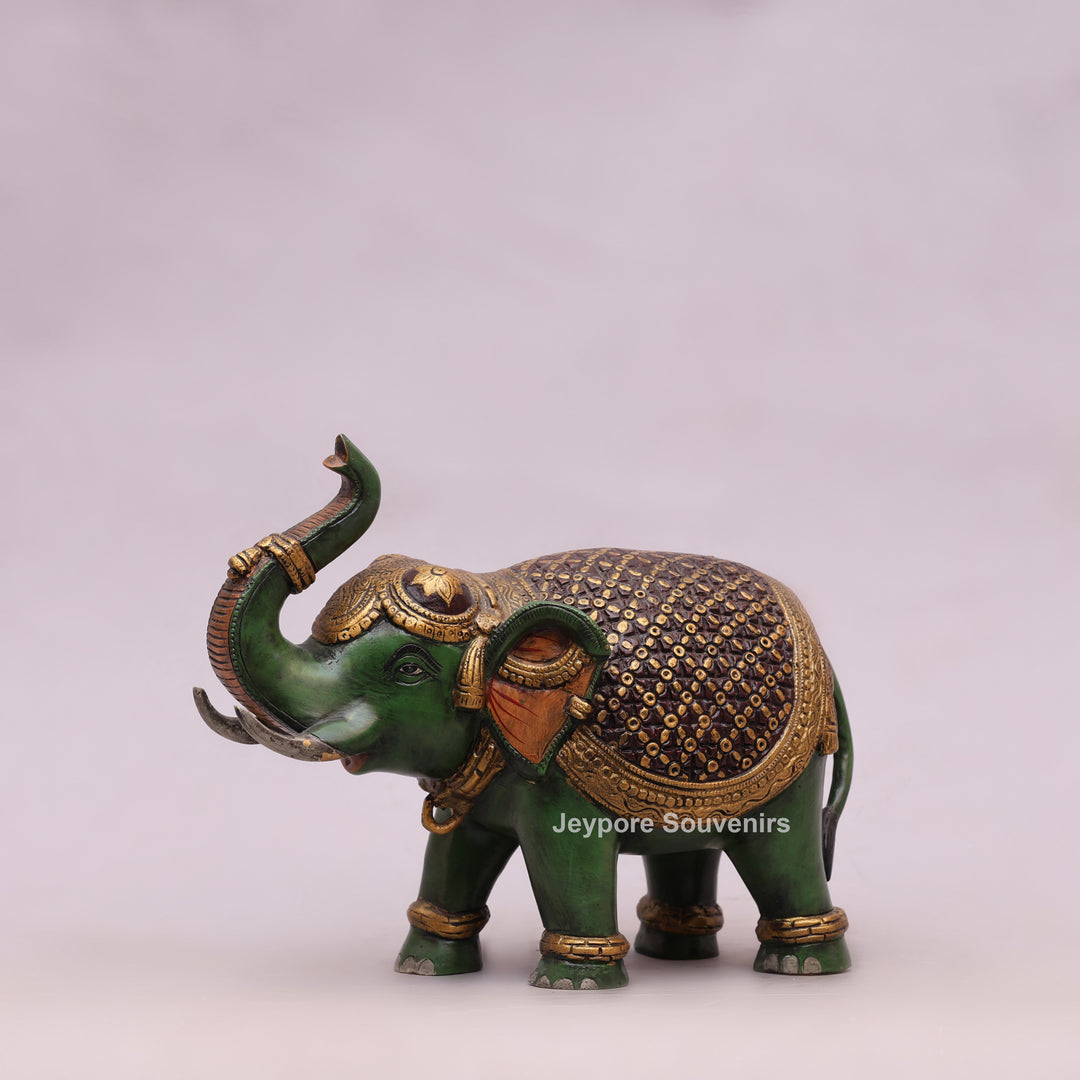 Handcrafted Brass Elephant Statue with Hand-Painted Green Finish