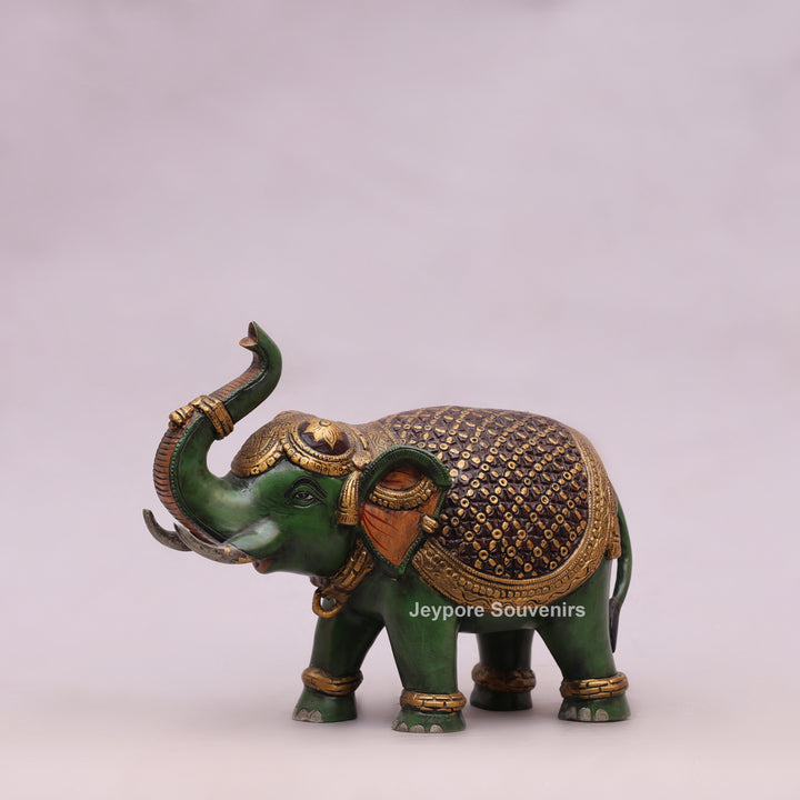 Handcrafted Brass Elephant Statue with Hand-Painted Green Finish