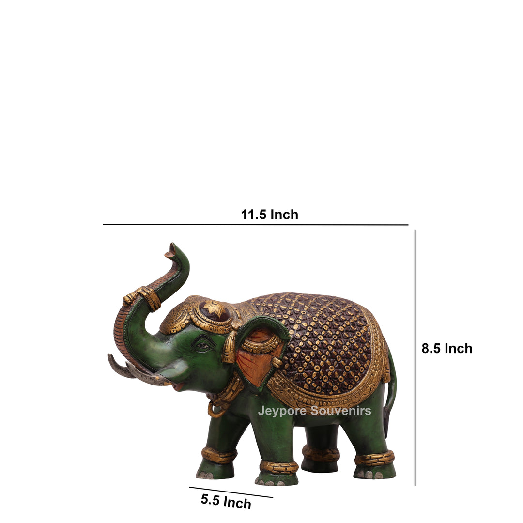 Handcrafted Brass Elephant Statue with Hand-Painted Green Finish