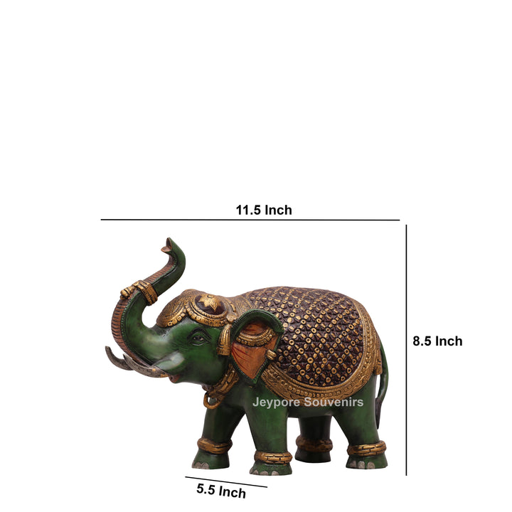 Handcrafted Brass Elephant Statue with Hand-Painted Green Finish