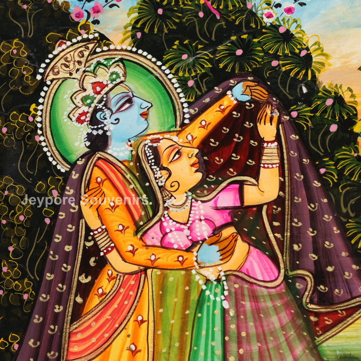 Handcrafted Radha Krishna &amp; Cow Pichwai Wooden Wall Mirror