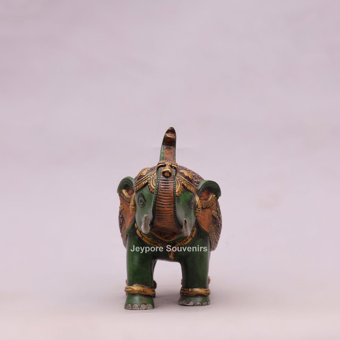 Handcrafted Brass Elephant Statue with Hand-Painted Green Finish