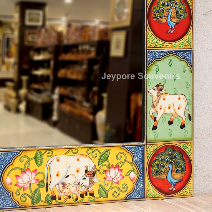 Handcrafted Radha Krishna &amp; Cow Pichwai Wooden Wall Mirror