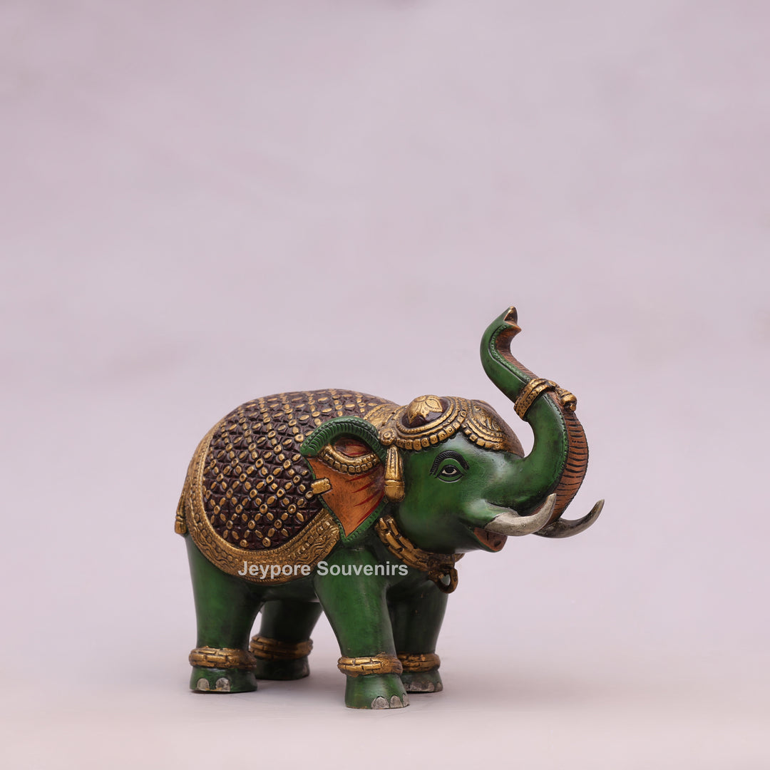 Handcrafted Brass Elephant Statue with Hand-Painted Green Finish