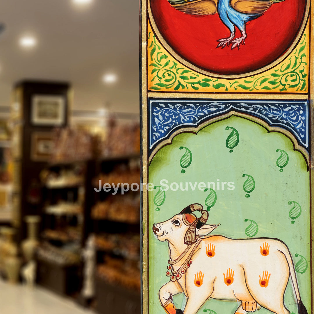 Handcrafted Radha Krishna &amp; Cow Pichwai Wooden Wall Mirror
