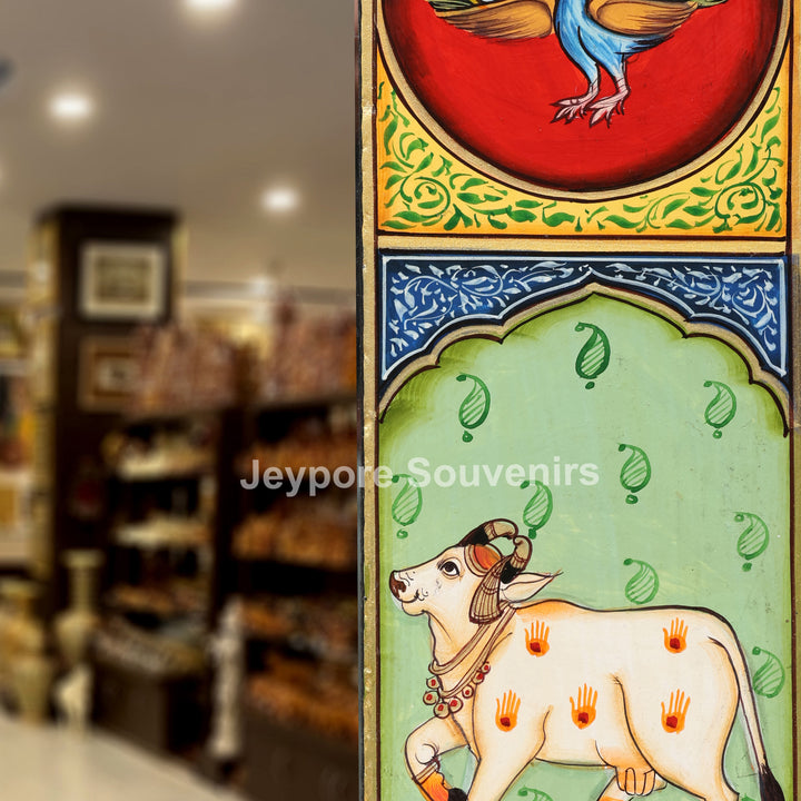 Handcrafted Radha Krishna &amp; Cow Pichwai Wooden Wall Mirror