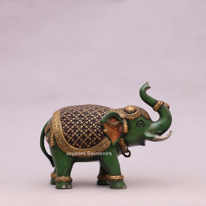 Handcrafted Brass Elephant Statue with Hand-Painted Green Finish