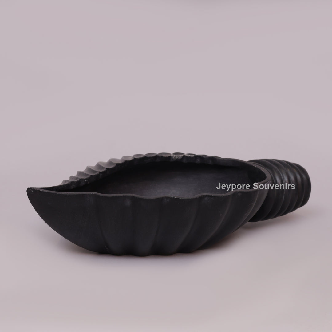 Hand-Carved Black Marble Shankh Urli Bowl with Fluted Ribbed Design