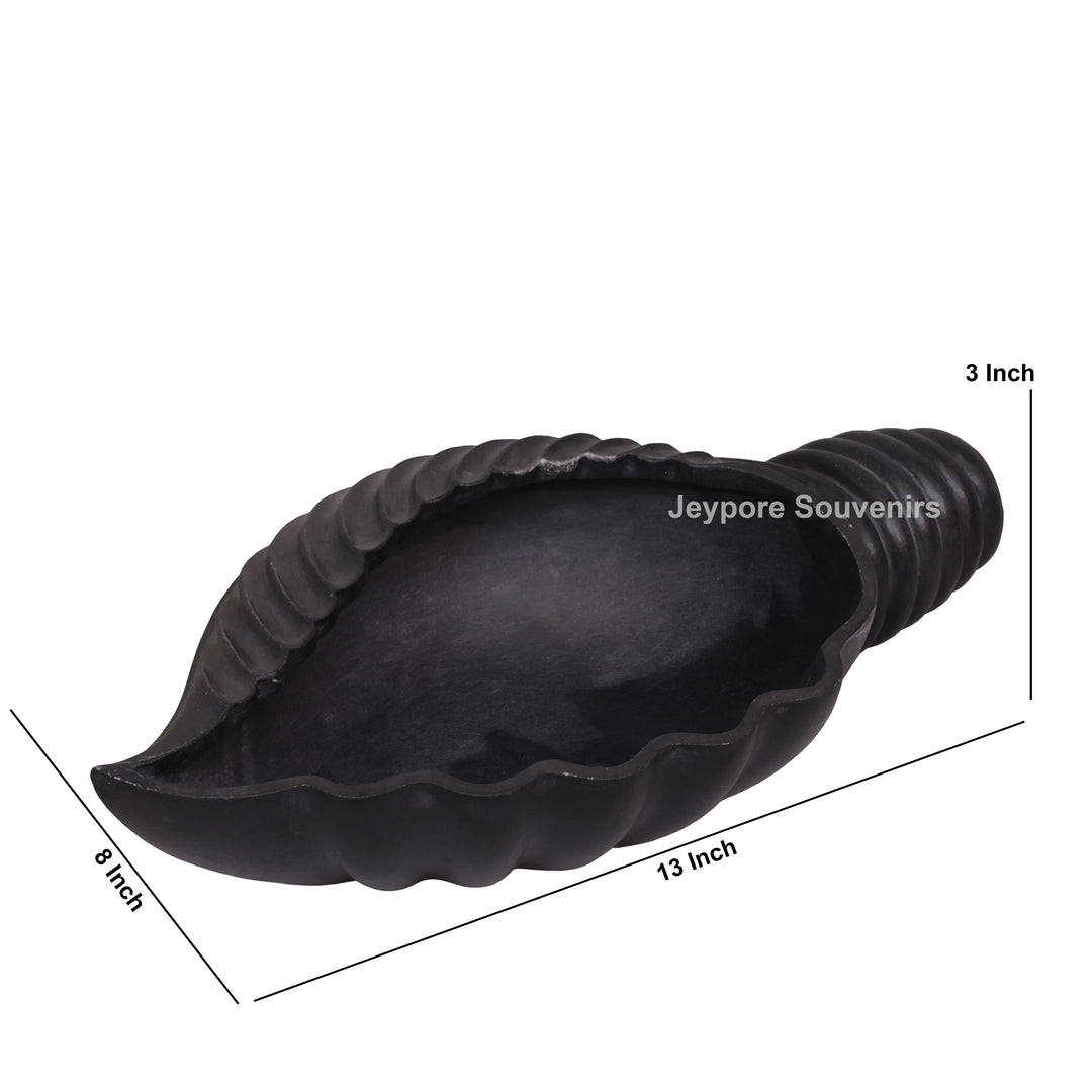 Hand-Carved Black Marble Shankh Urli Bowl with Fluted Ribbed Design