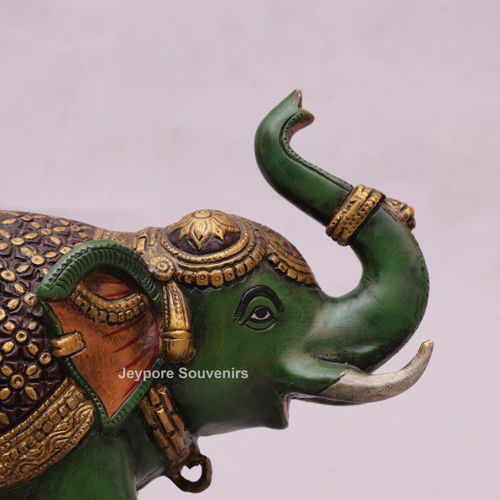 Handcrafted Brass Elephant Statue with Hand-Painted Green Finish