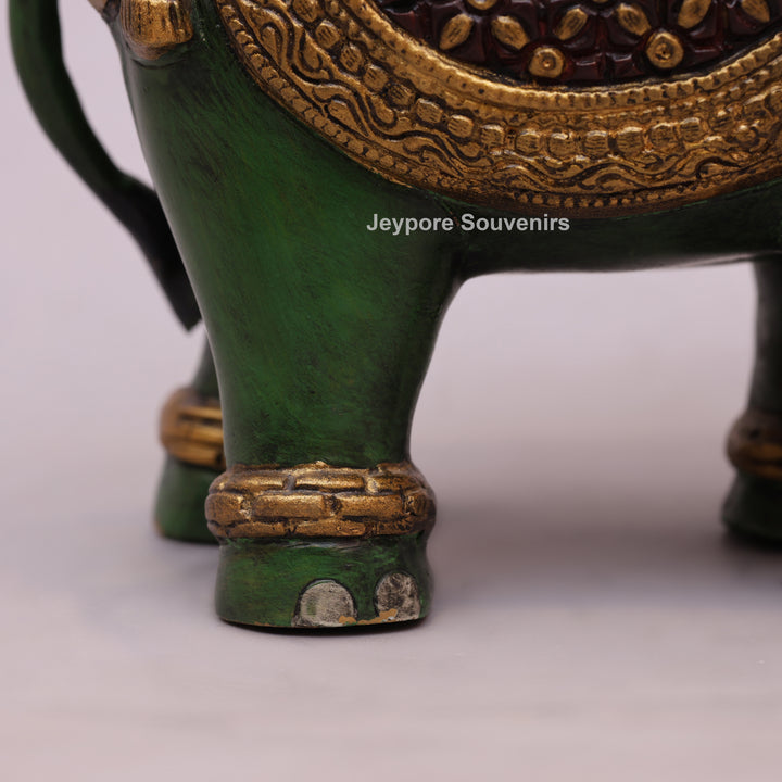 Handcrafted Brass Elephant Statue with Hand-Painted Green Finish