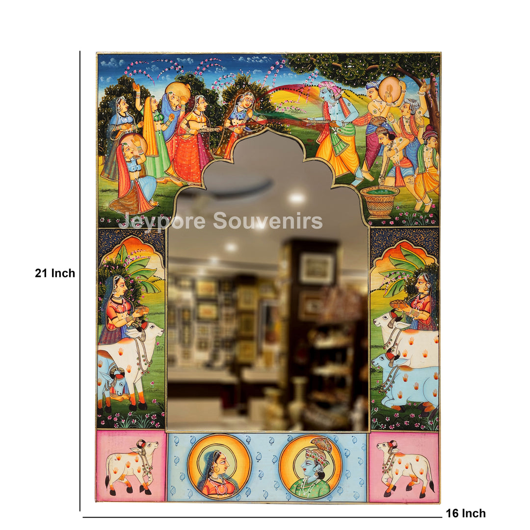 Handcrafted Radha Krishna Festival Scene Wooden Mirror Frame