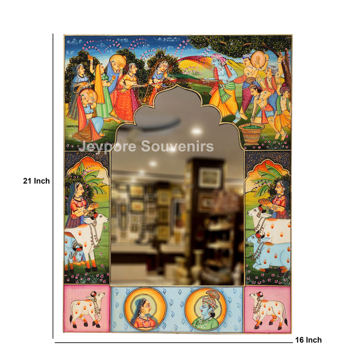 Handcrafted Radha Krishna Festival Scene Wooden Mirror Frame