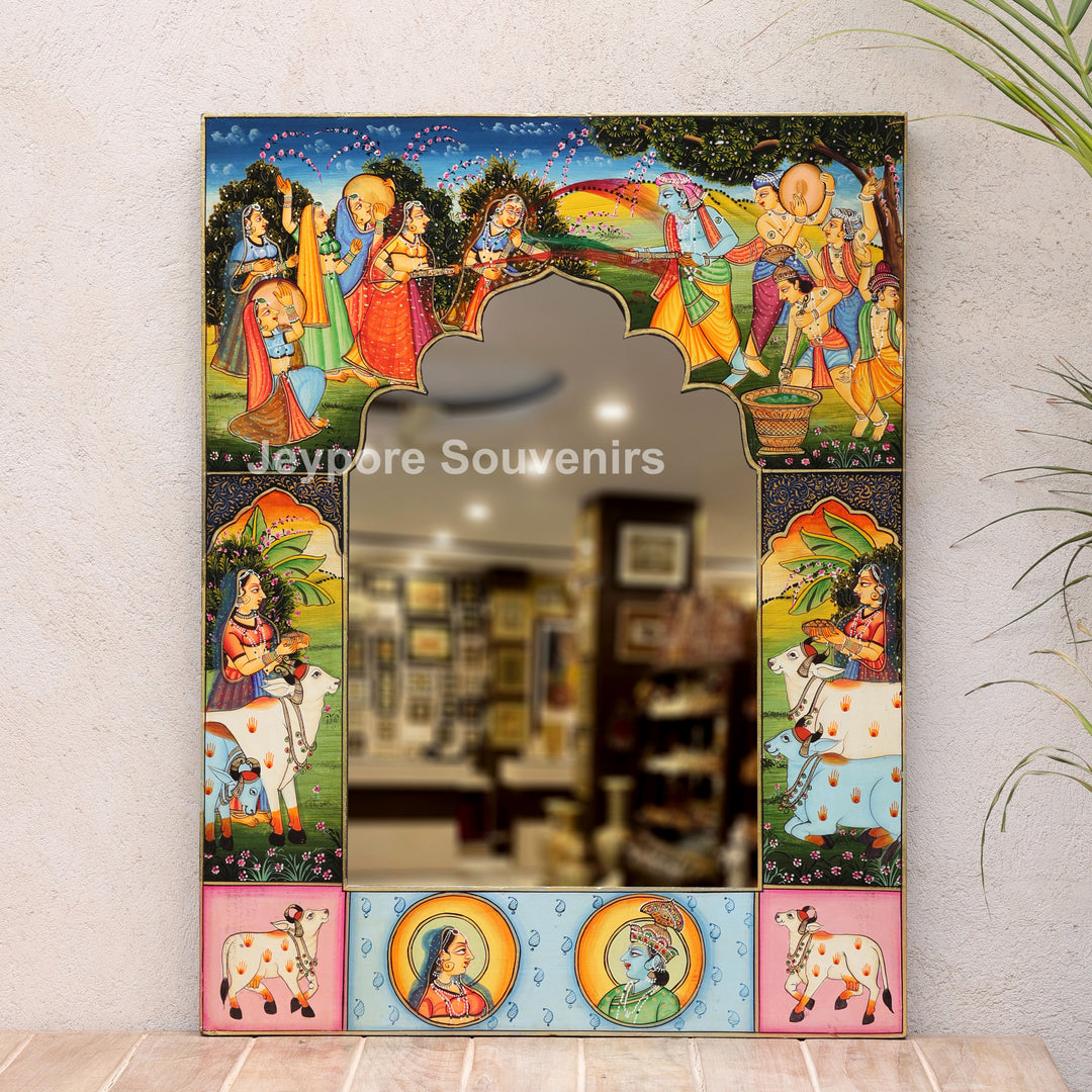 Handcrafted Radha Krishna Festival Scene Wooden Mirror Frame