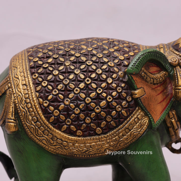 Handcrafted Brass Elephant Statue with Hand-Painted Green Finish