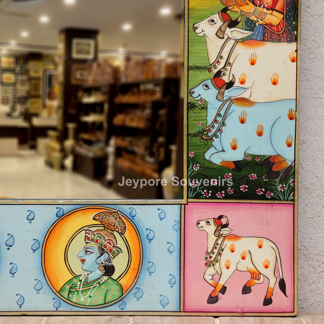 Handcrafted Radha Krishna Festival Scene Wooden Mirror Frame