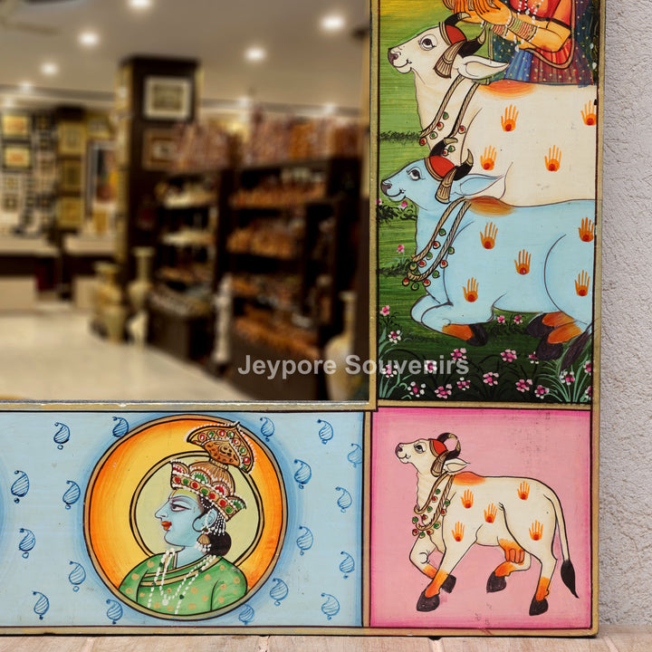 Handcrafted Radha Krishna Festival Scene Wooden Mirror Frame