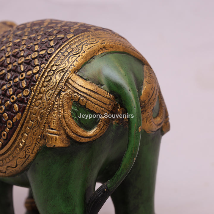 Handcrafted Brass Elephant Statue with Hand-Painted Green Finish