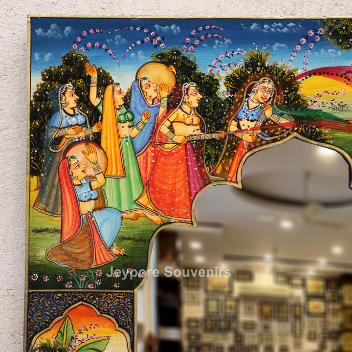 Handcrafted Radha Krishna Festival Scene Wooden Mirror Frame
