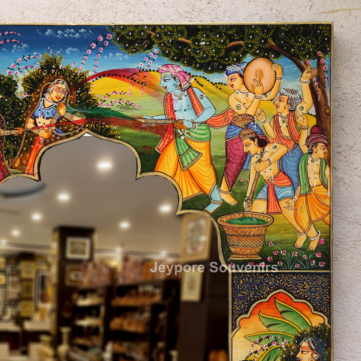Handcrafted Radha Krishna Festival Scene Wooden Mirror Frame