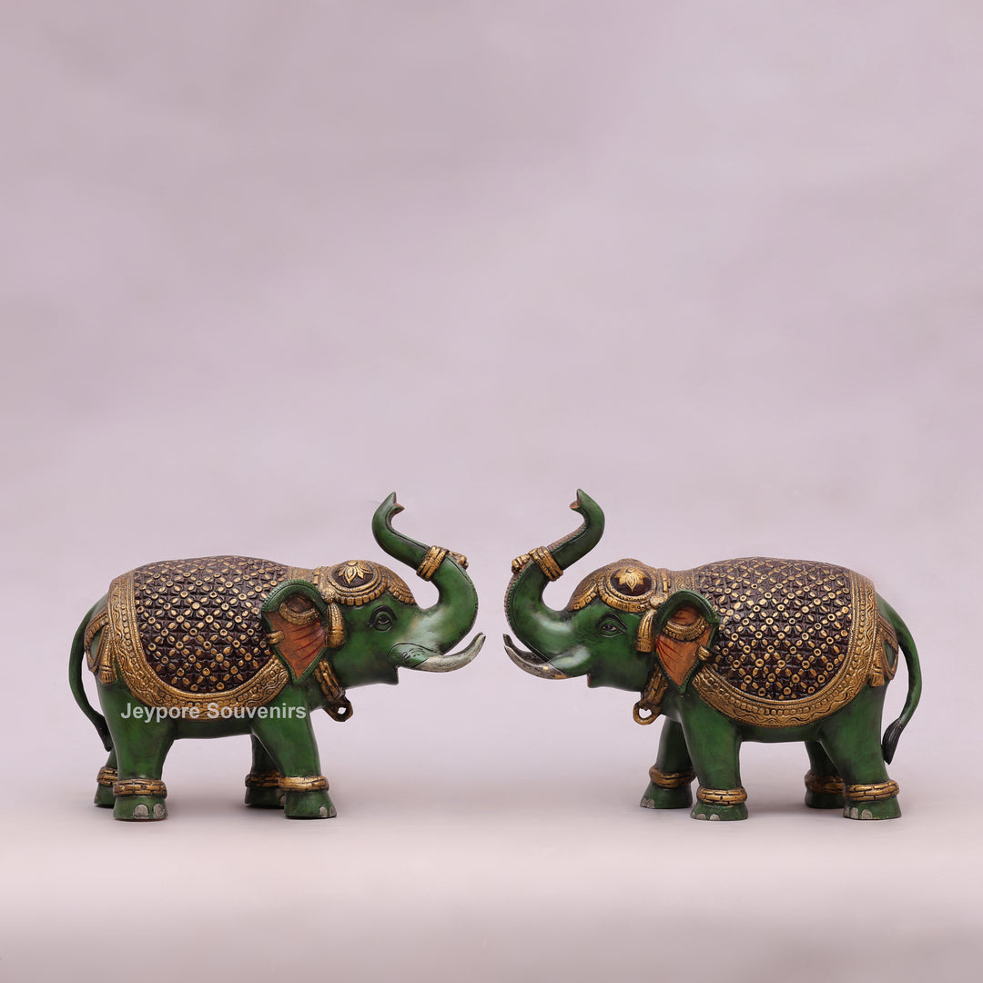 Handcrafted Brass Elephant Statue with Hand-Painted Green Finish