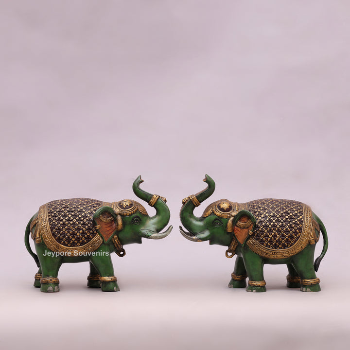 Handcrafted Brass Elephant Statue with Hand-Painted Green Finish