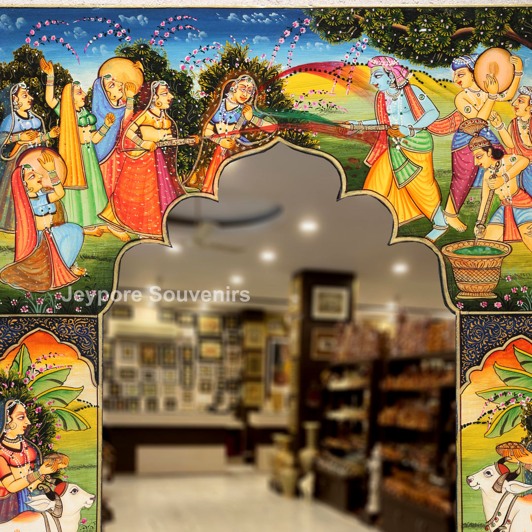 Handcrafted Radha Krishna Festival Scene Wooden Mirror Frame