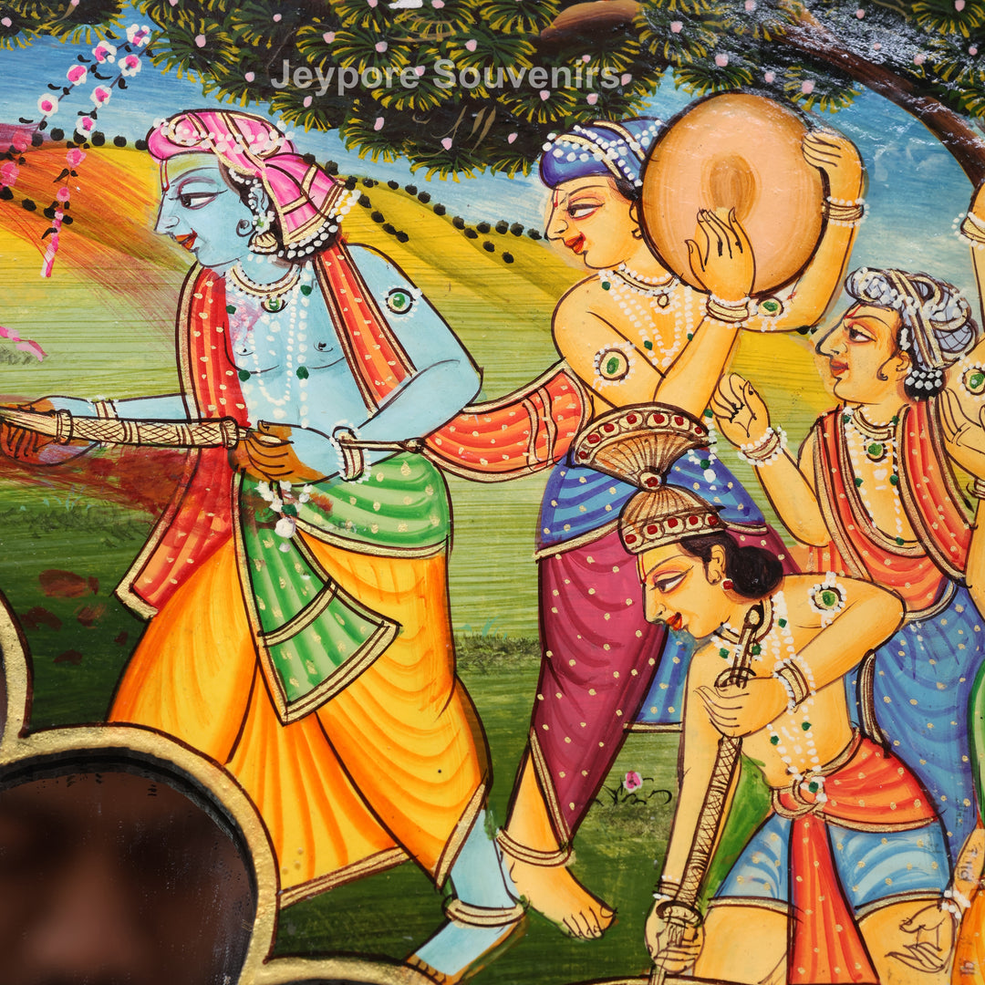 Handcrafted Radha Krishna Festival Scene Wooden Mirror Frame