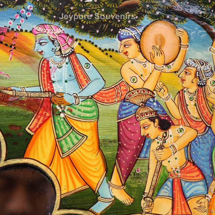 Handcrafted Radha Krishna Festival Scene Wooden Mirror Frame