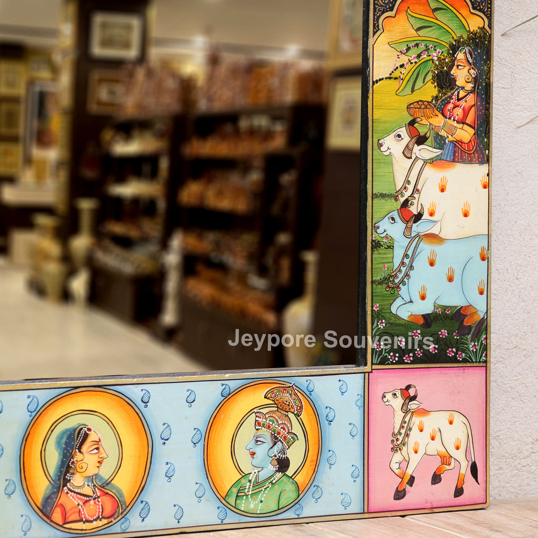 Handcrafted Radha Krishna Festival Scene Wooden Mirror Frame