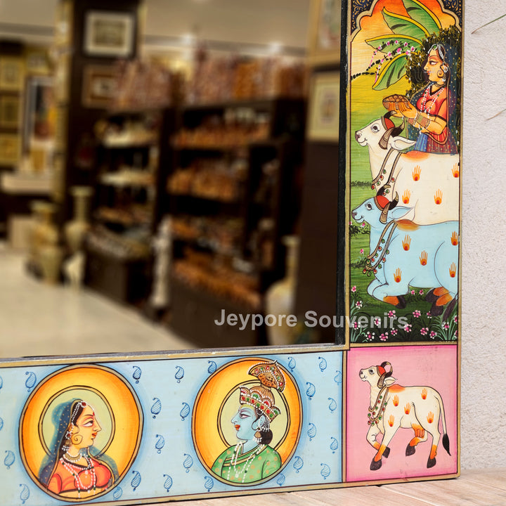 Handcrafted Radha Krishna Festival Scene Wooden Mirror Frame