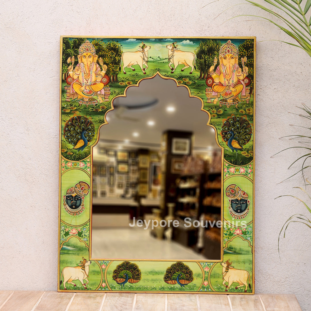 Handcrafted Pichwai Lord Ganesha Decorative Wall Mirror Frame